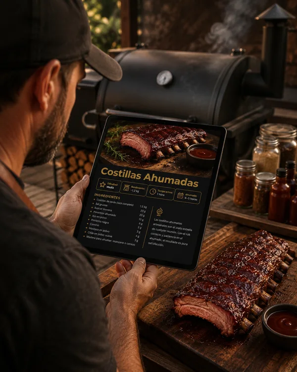 Persona siguiendo la receta de costillas ahumadas en una tablet