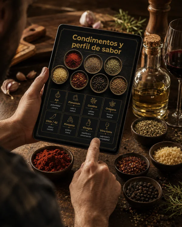 Persona revisando la guía de condimentos en una tablet
